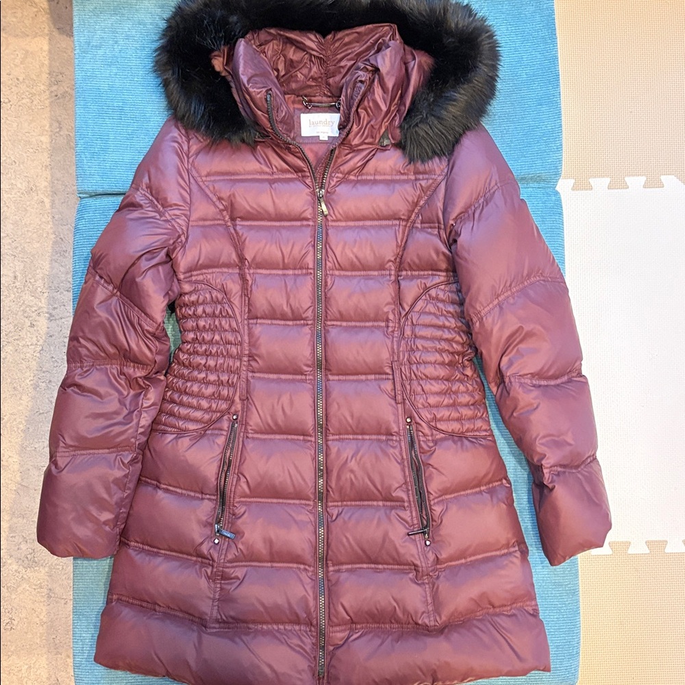 Laundry By Shelli Segal Maroon Puffer Jacket with Faux Fur Trim